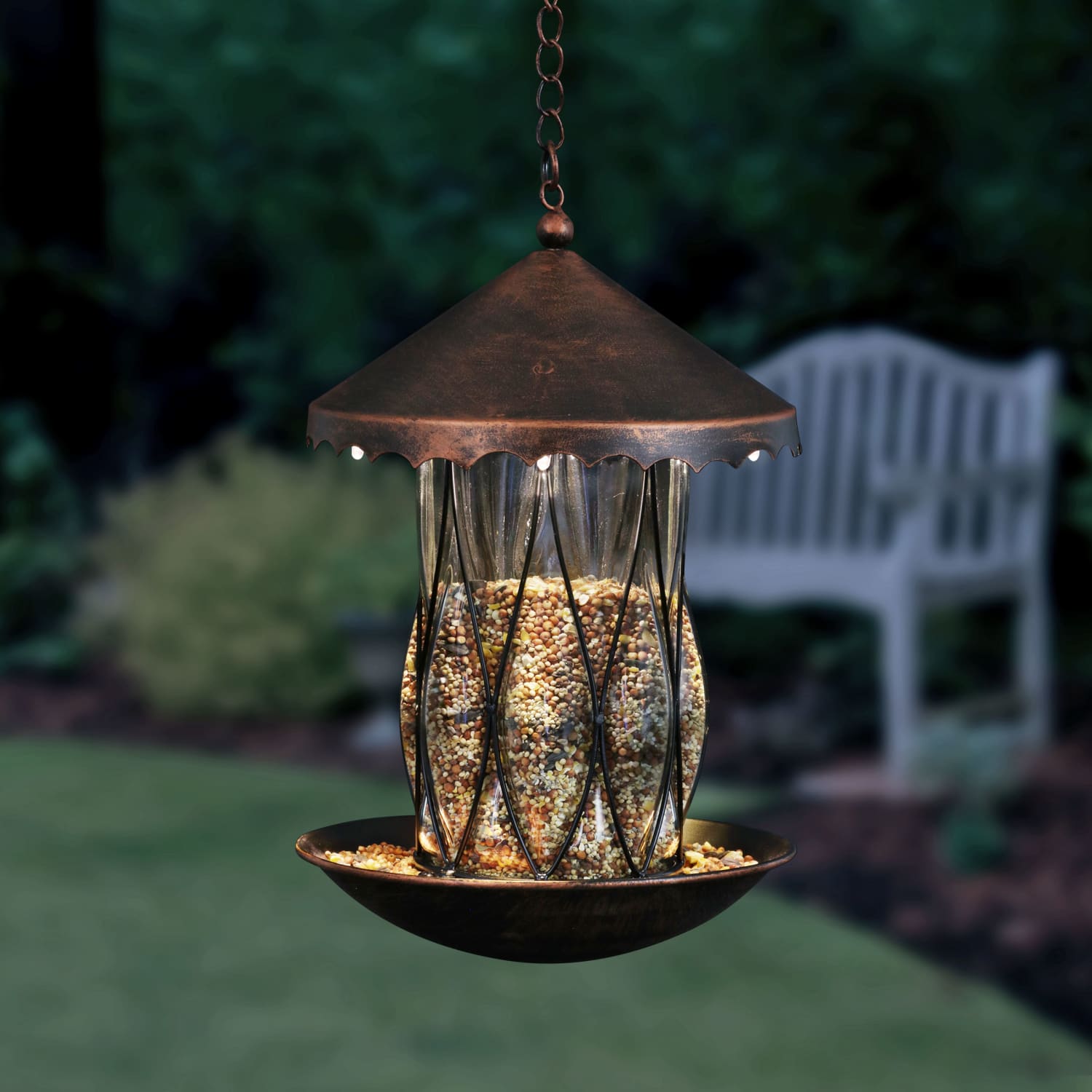 Solar Bronze Bird Feeder in Clear Diamond Glass Pattern with Four LED Lights - Thumbnail 4