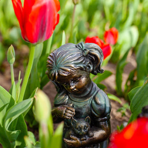 Bronze Look Girl and Kitten Garden Statue, 10.5 Inches | Shop Garden Decor by Exhart