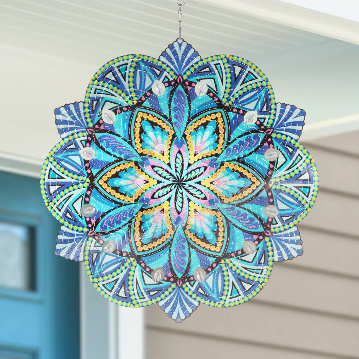 Laser Cut Teal Metal Daisy Mandala Hanging Spinner