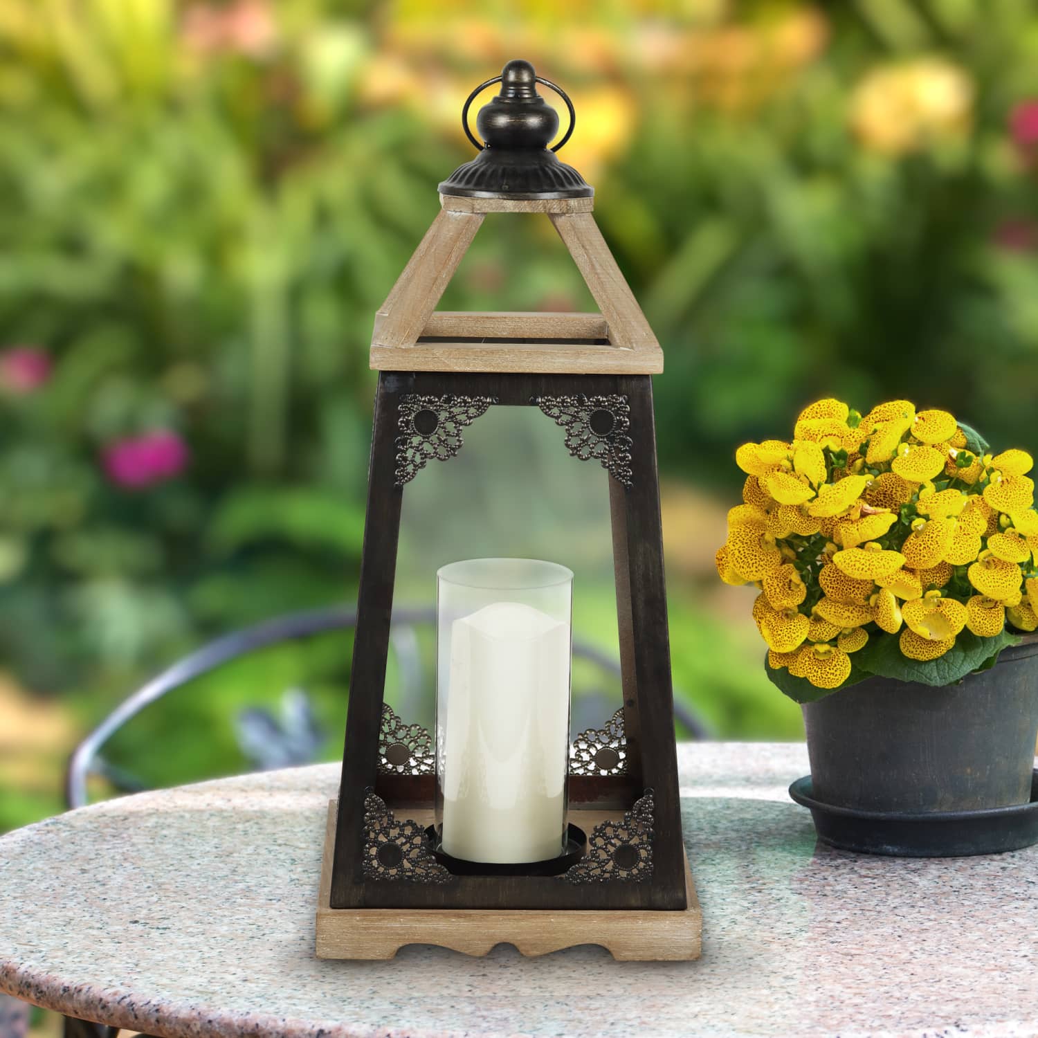 Antiqued Wood and Metal Candle Lantern with LED Candle - Thumbnail 4