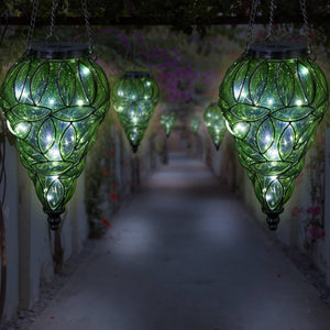 Solar Tear Shaped Glass and Metal Hanging Lantern in Green with 15 Cool White LED Fairy Firefly String Lights, 7 by 24 Inches | Exhart