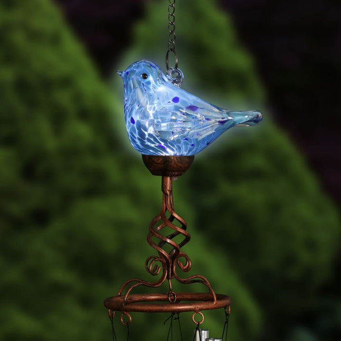 Solar Hand Blown Pearlized Glass Bird Wind Chime in Turquoise, 7 by 44 Inches