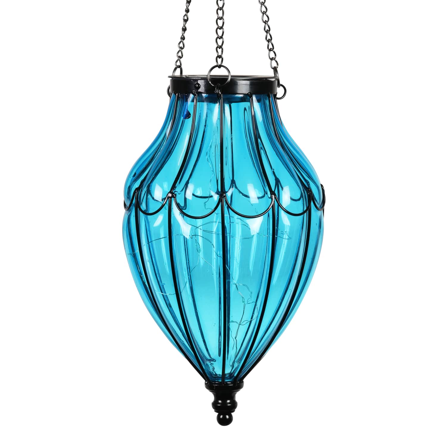 Solar Blue Glass Hanging Lantern with Waving Metal Pattern - Thumbnail 4