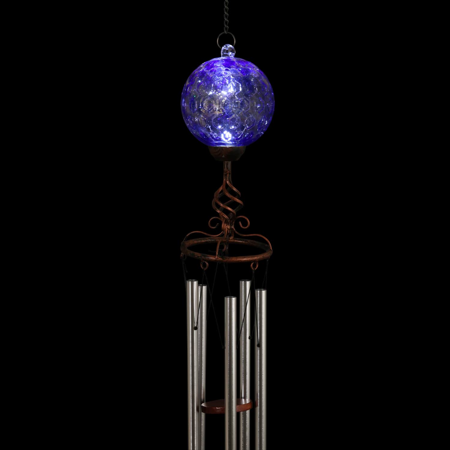 Solar Pearlized Blue Honeycomb Glass Ball Wind Chime with Metal Finial Detail - Thumbnail 2