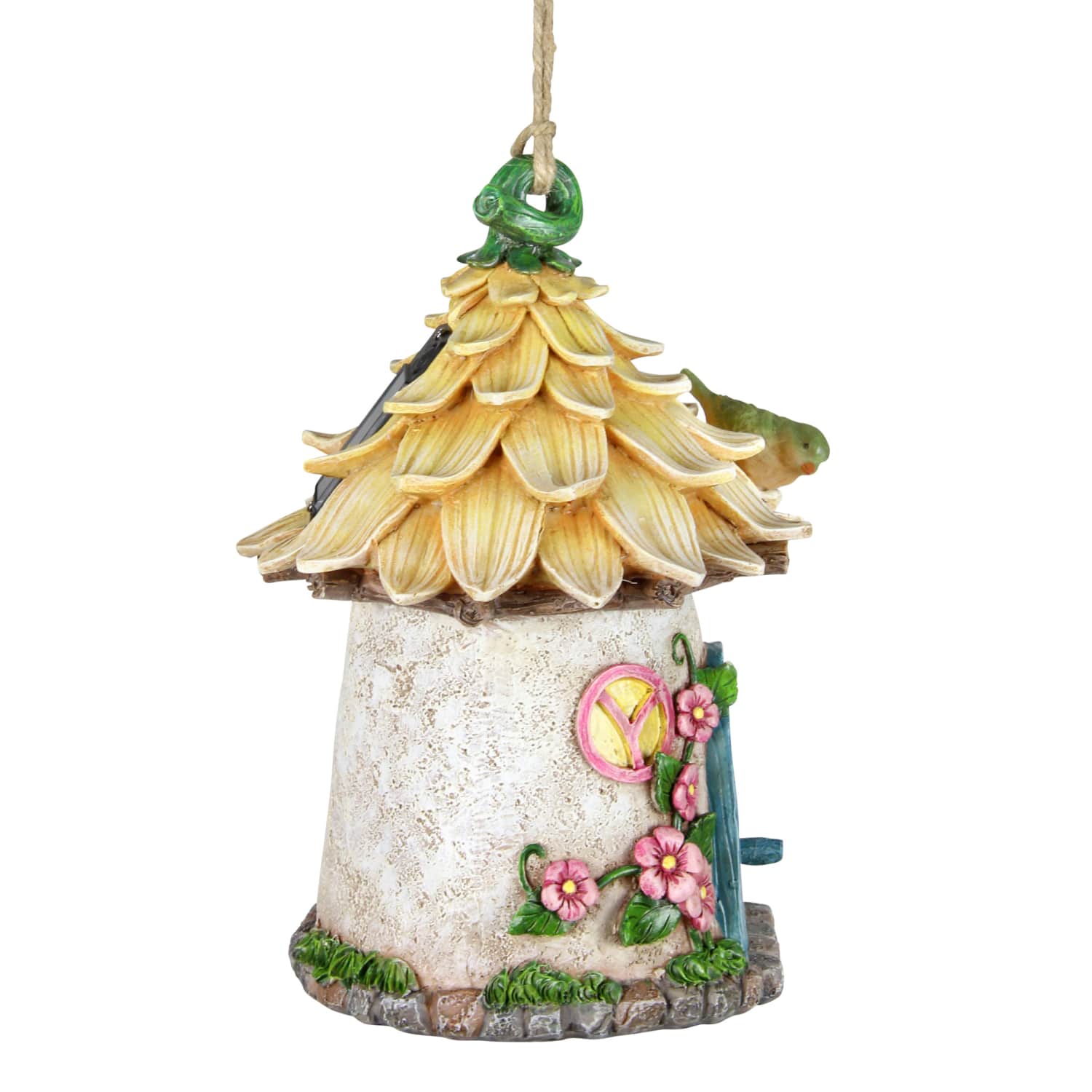 Solar Hand Painted Fairy House Hanging Bird House with Illuminating Bird - Thumbnail 5