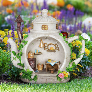 Solar Teapot House with Kitchen Scene Garden Statue, 6 by 9 Inches | Shop Garden Decor by Exhart