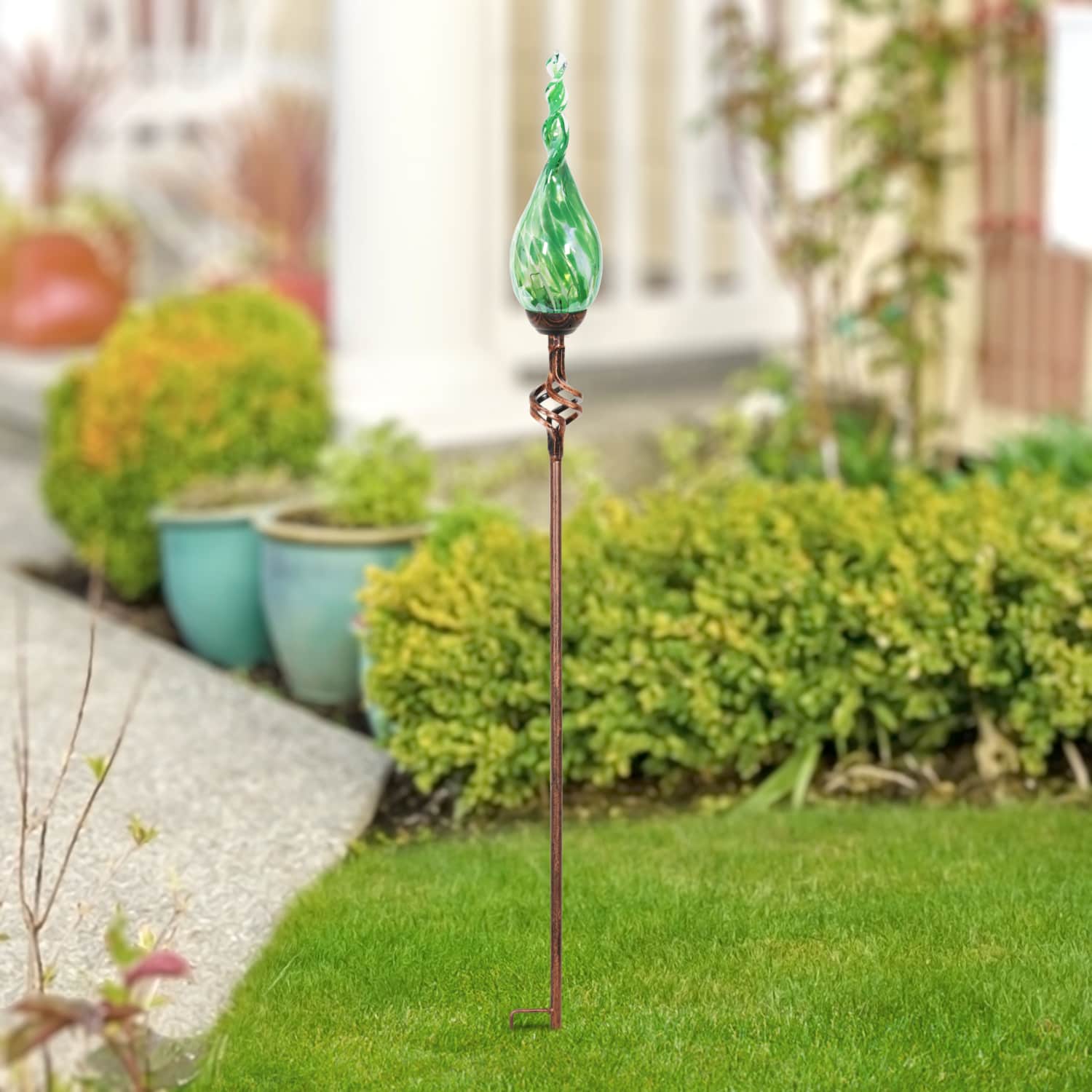 Solar Pearlized Hand Blown Green Glass Twisted Flame Garden Stake with Metal Finial Detail, 36 Inch | Exhart