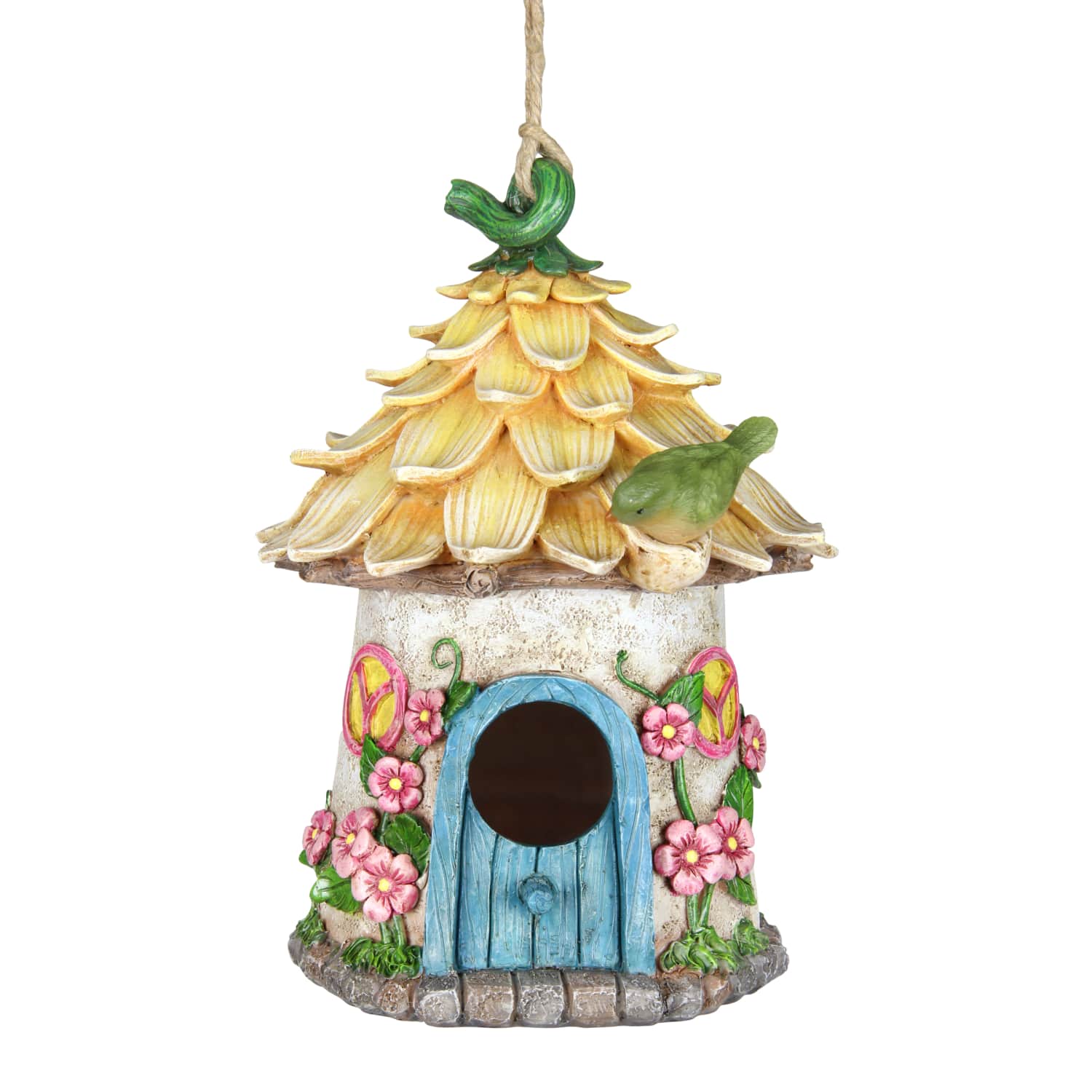 Solar Hand Painted Fairy House Hanging Bird House with Illuminating Bird - Thumbnail 2