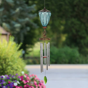 Solar Metal Wire and Glass Wind Chime in Sea Blue with Looping Pattern and Nine LED Fairy Firefly String Lights, 6  by 32 Inches | Exhart