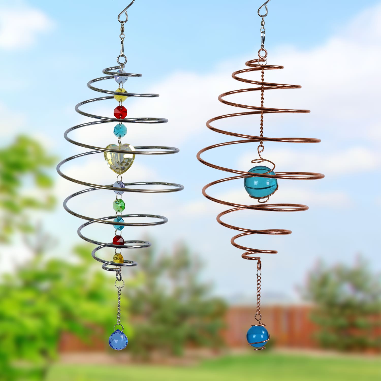 2 Piece Copper and Silver Metal Spinning Spiral with Crystal Accents Hanging Decor, 15.5 Inches - Thumbnail 2