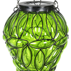 Solar Tear Shaped Glass and Metal Hanging Lantern in Green with 15 Cool White LED Fairy Firefly String Lights, 7 by 24 Inches | Exhart