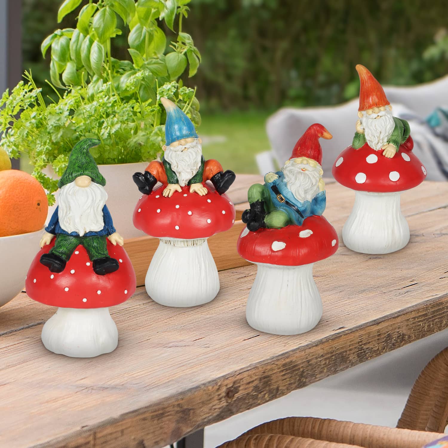 4 Piece Set of Can't See Hat Garden Gnomes on Mushrooms Statuary - Thumbnail 2