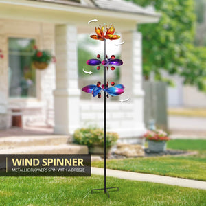 Lotus Flower Wind Spinner Garden Stake with Three Metallic Flowers, 14 by 66 Inches | Shop Garden Decor by Exhart