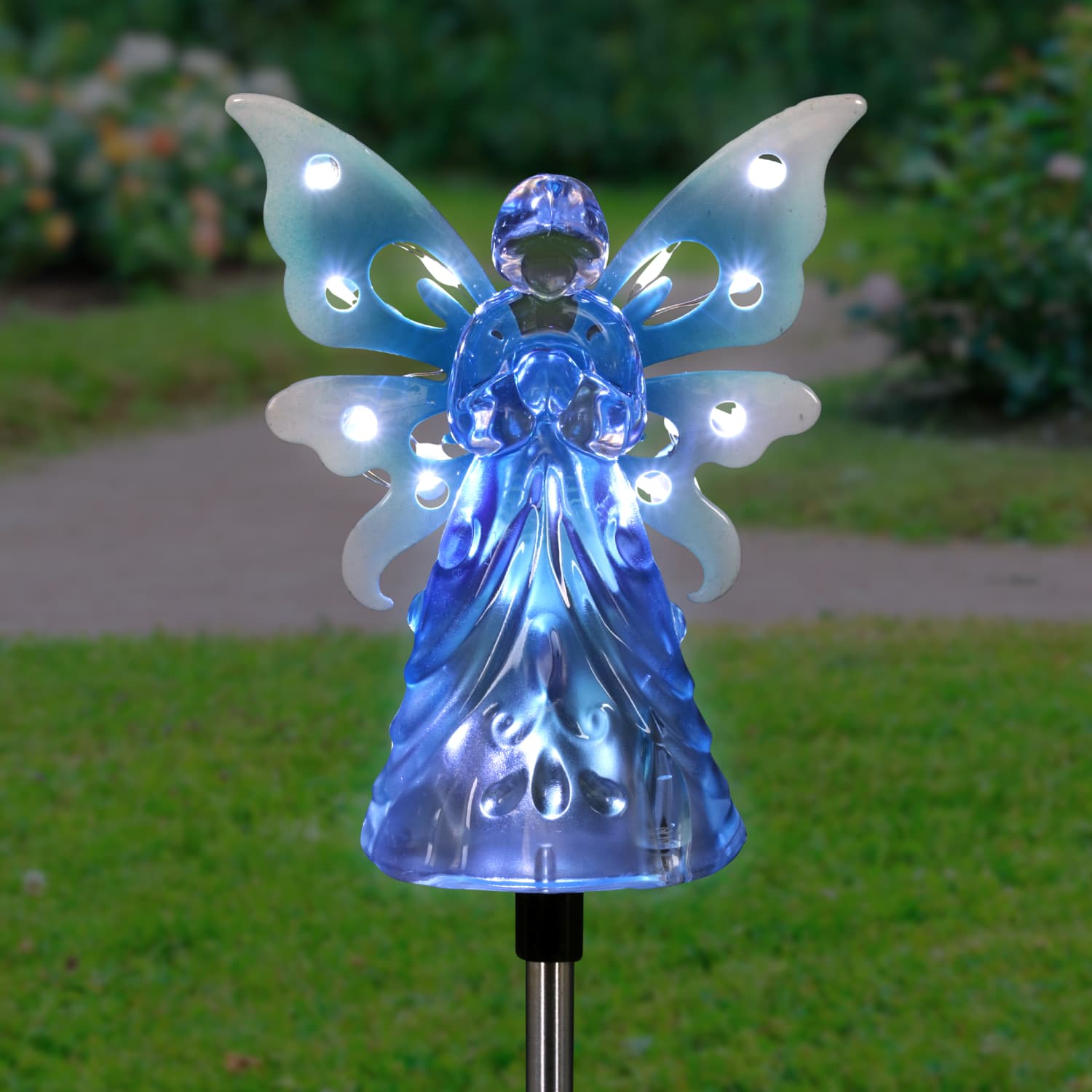Solar Acrylic Angel with Wings and Twelve LED Lights Metal Garden Stake in Blue, 4 by 34 Inches | Shop Garden Decor by Exhart