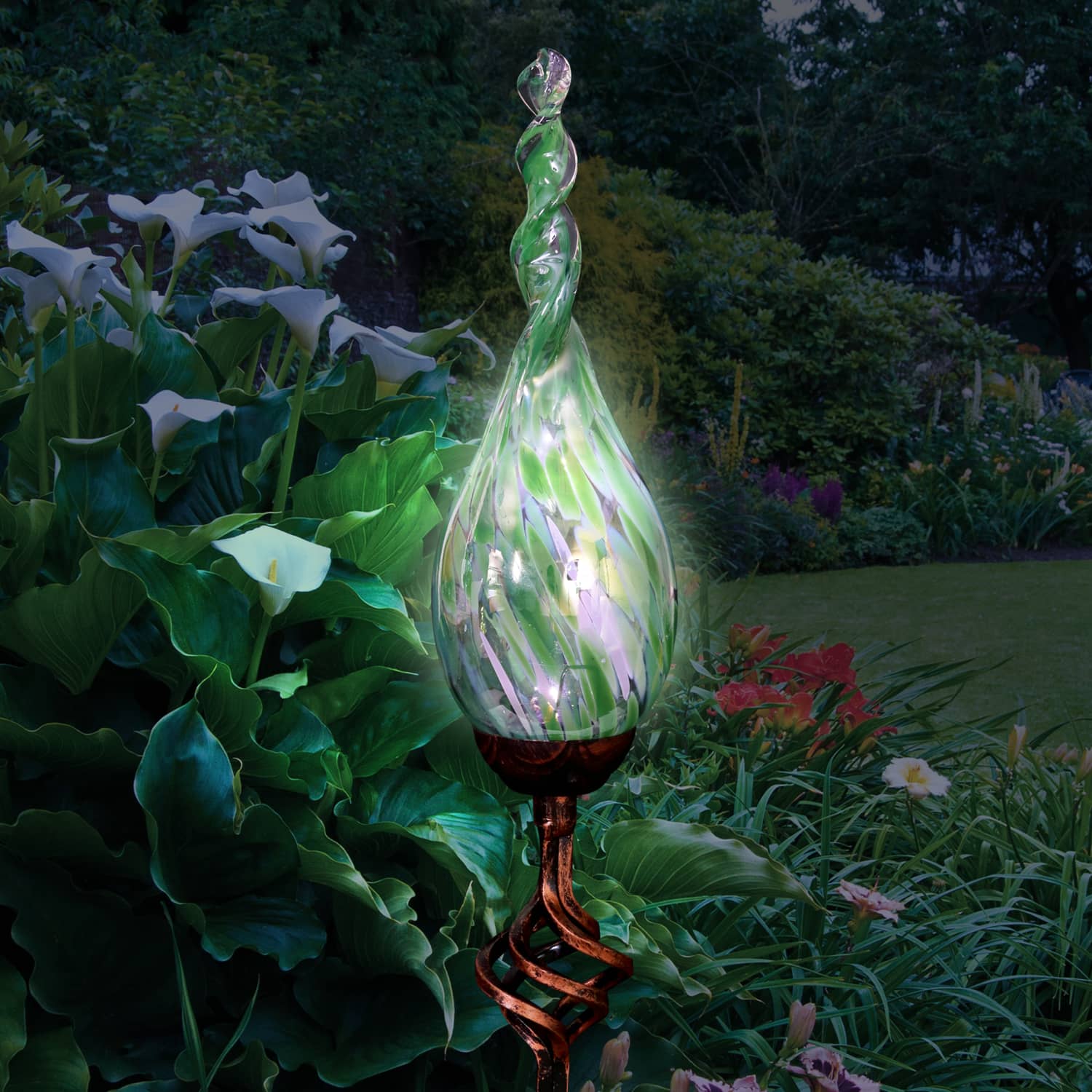 Solar Pearlized Hand Blown Green Glass Twisted Flame Garden Stake with Metal Finial Detail, 36 Inch | Exhart