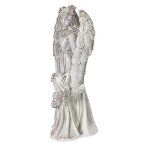 Angel and Little Girl Angel Resin Garden Statue with LED Halo on a Battery Powered Timer, 8 by 14 Inches | Exhart