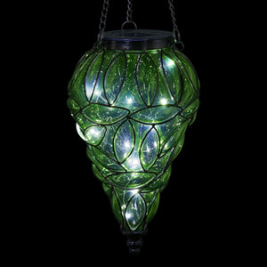 Solar Tear Shaped Glass and Metal Hanging Lantern in Green with 15 Cool White LED Fairy Firefly String Lights, 7 by 24 Inches | Exhart