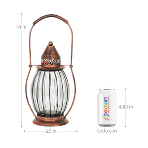 Solar Antique Metal and Clear Glass Accent Lantern with Fifteen LED Fairy Firefly String Lights, 7 by 14 Inches | Exhart