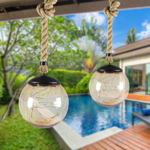 Solar Powered Hanging Champagne LED Ball Lights, Set of Two, 6 by 38 Inches | Shop Garden Decor by Exhart
