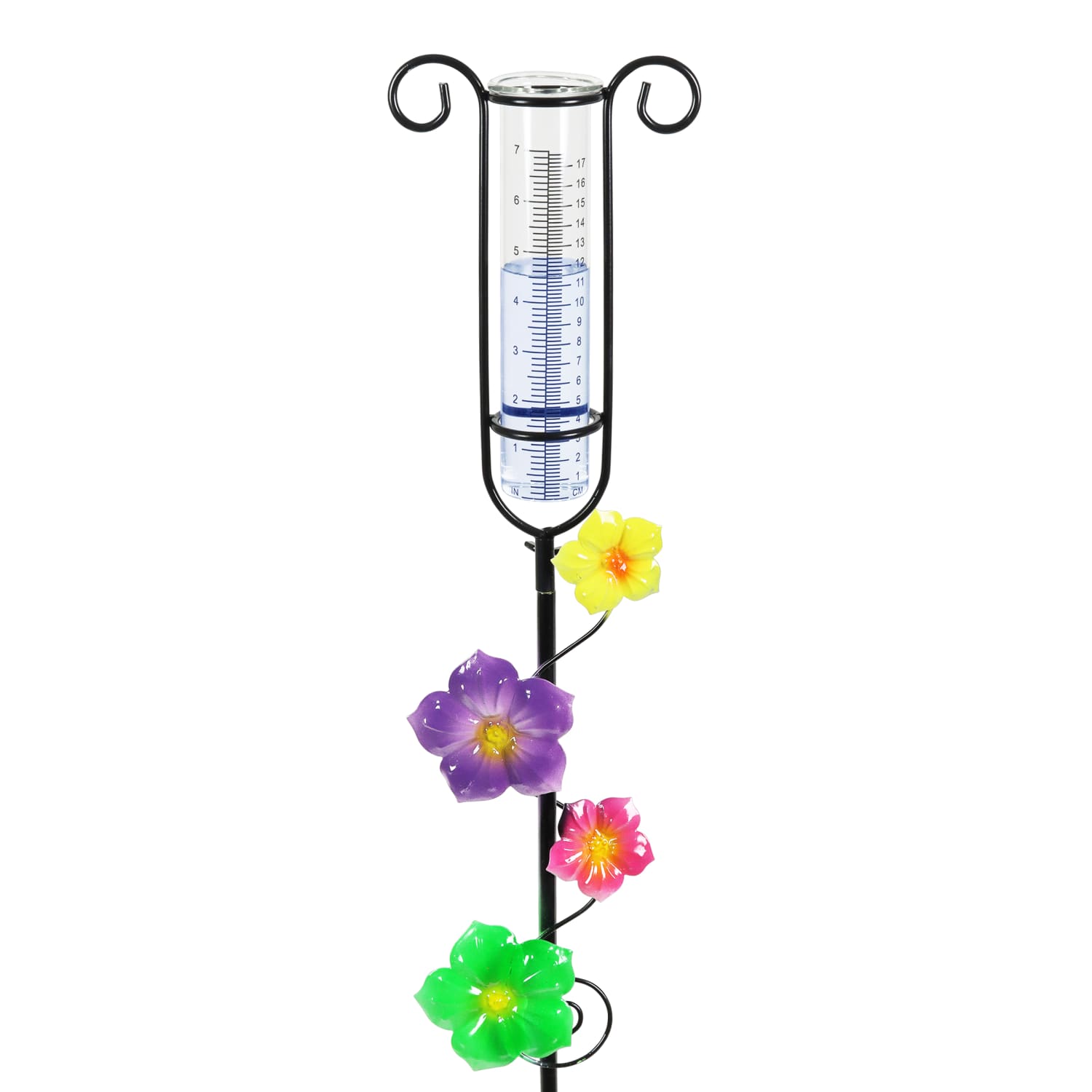 Glass and Metal Rain Gauge Garden Stake with Multicolored Hand Painted Flowers