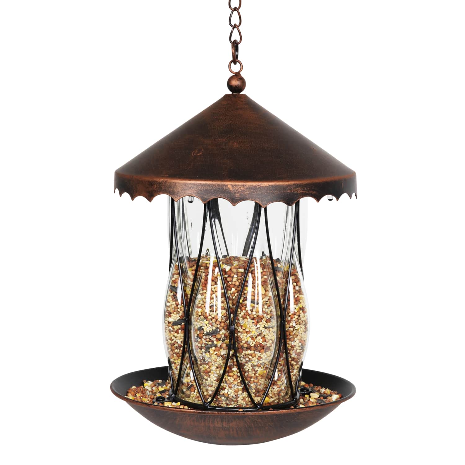 Solar Bronze Bird Feeder in Clear Diamond Glass Pattern with Four LED Lights - Thumbnail 3