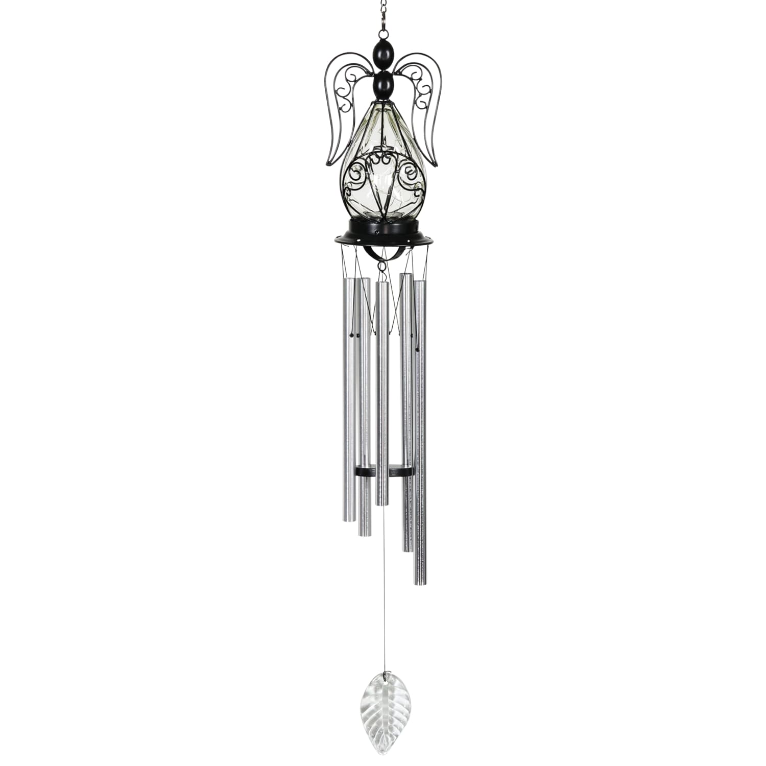 Solar Angel Glass and Metal Wind Chime with Fifteen LED Lights - Thumbnail 2