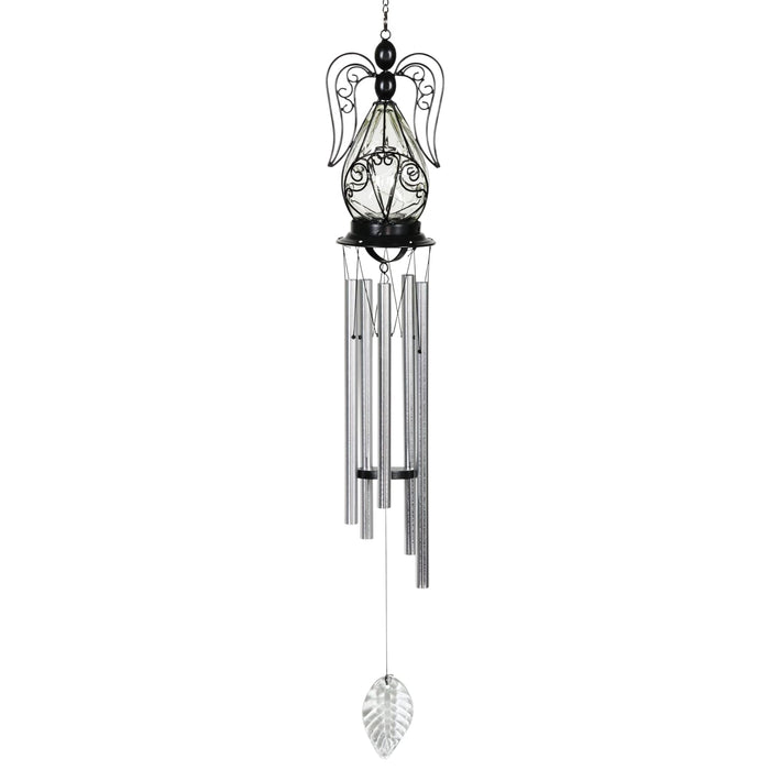 Solar Angel Glass and Metal Wind Chime with Fifteen LED Lights, 5 by 48 Inches