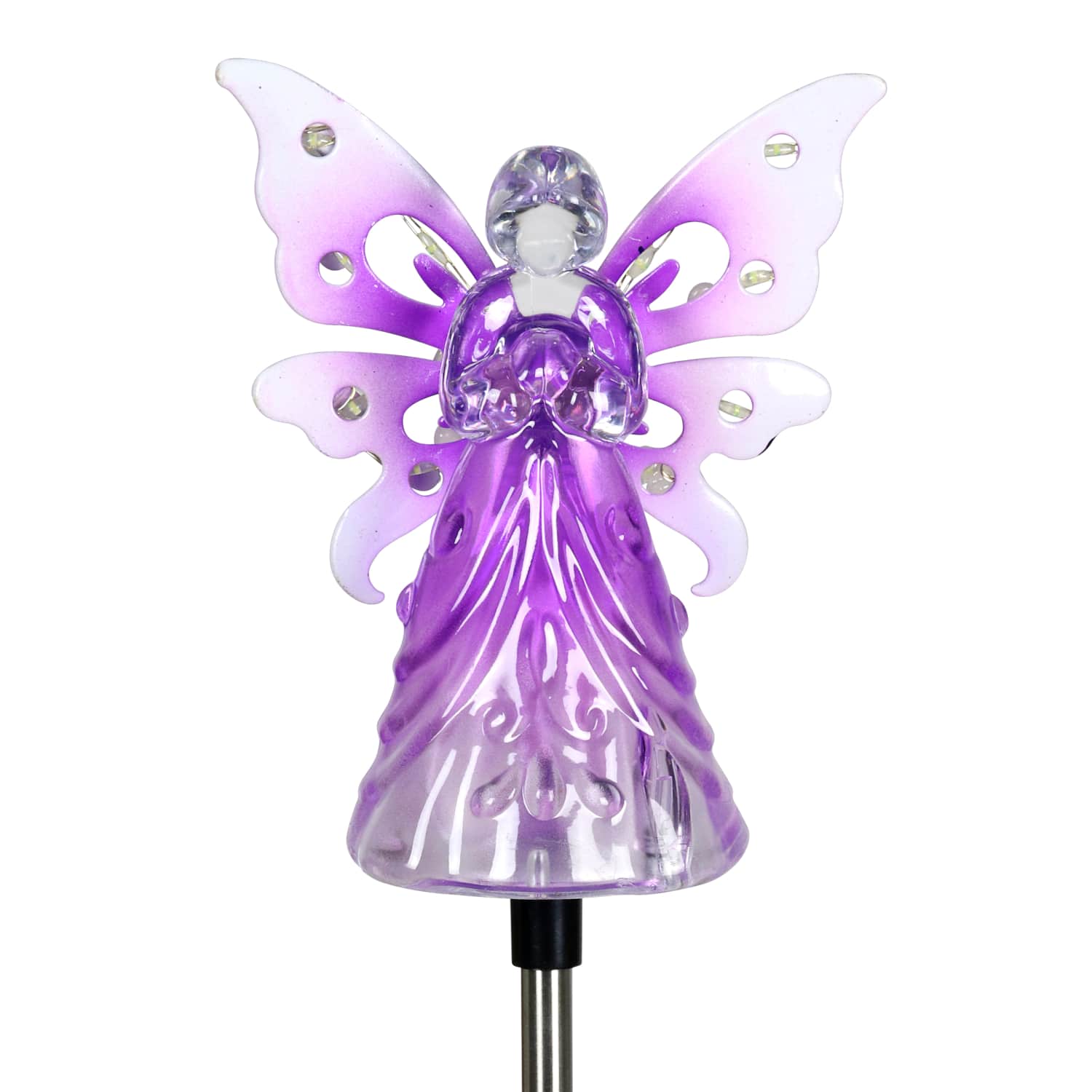 Solar Acrylic Angel with Wings and Twelve LED lights Metal Garden Stake in Purple, 4 by 34 Inches | Exhart
