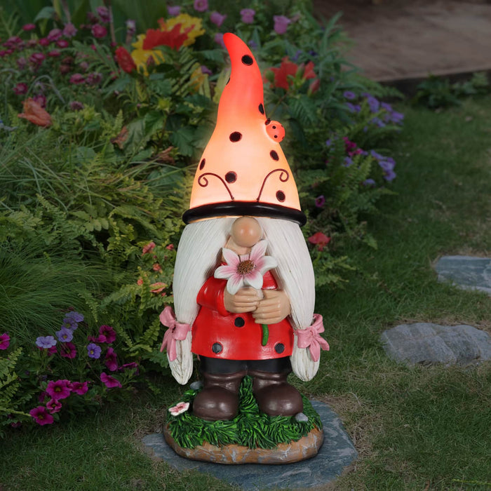 Solar Ladybug Hat Lady Gnome Statue with Pink Flower, 5 by 12.5 Inches