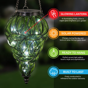 Solar Tear Shaped Glass and Metal Hanging Lantern in Green with 15 Cool White LED Fairy Firefly String Lights, 7 by 24 Inches | Exhart