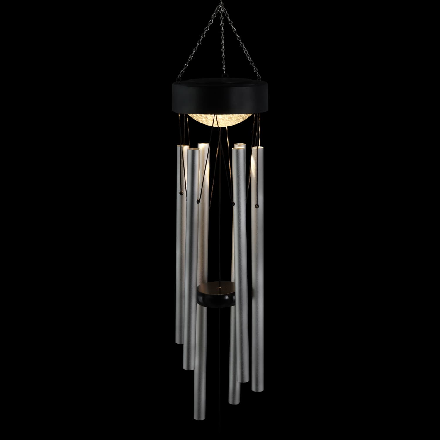 Solar Silver Wind Chime with Black Detailed Top and Round Dangling Charm - Thumbnail 3