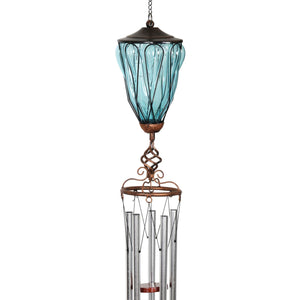 Solar Metal Wire and Glass Wind Chime in Sea Blue with Looping Pattern and Nine LED Fairy Firefly String Lights, 6  by 32 Inches | Exhart