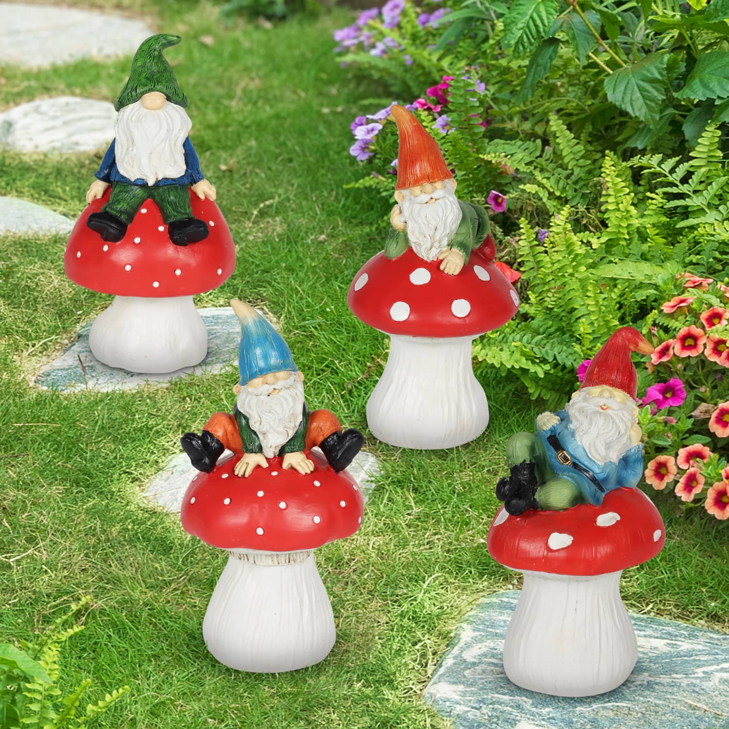 4 Piece Set of Can't See Hat Garden Gnomes on Mushrooms Statuary - Thumbnail 5