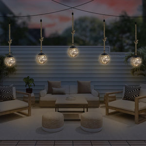 Solar Powered Hanging Champagne LED Ball Lights, Set of Two, 6 by 38 Inches | Shop Garden Decor by Exhart