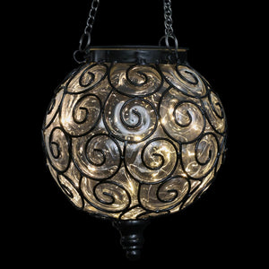 Solar Round Clear Glass and Metal Hanging Lantern with 15 Warm White LED Firefly String Lights, 7 by 21 Inches | Exhart