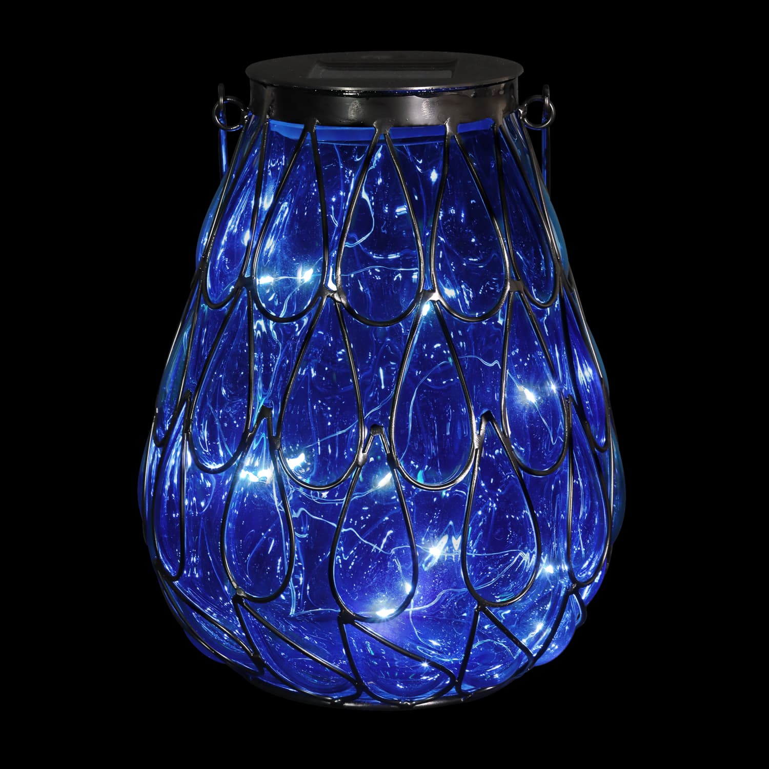Solar Blue Glass in Caged Metal Tabletop Accent Lantern with 25 Firefly LEDs - Thumbnail 5