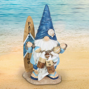 Solar Surfer Beach Hand Painted Garden Gnome Statue with Party Time Surf Board, 7.5 by 12.5 Inches | Exhart
