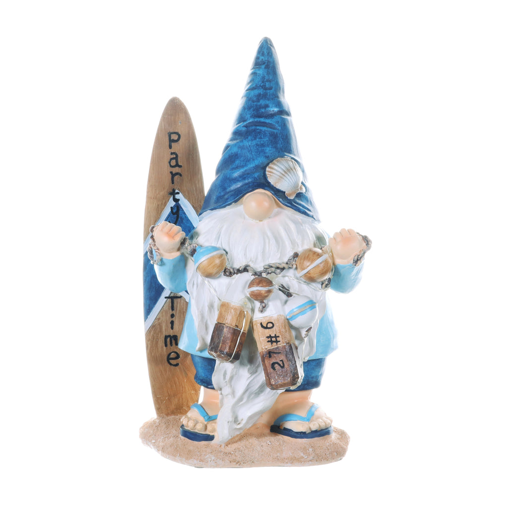 Solar Surfer Beach Hand Painted Garden Gnome Statue with Party Time Surf Board, 7.5 by 12.5 Inches