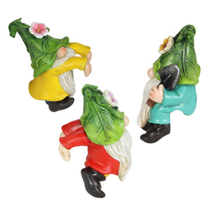 Three Piece Hand Painted Leaf Hat Pot Percher Gnome Set, 3.5 by 4.5 | Shop Garden Decor by Exhart