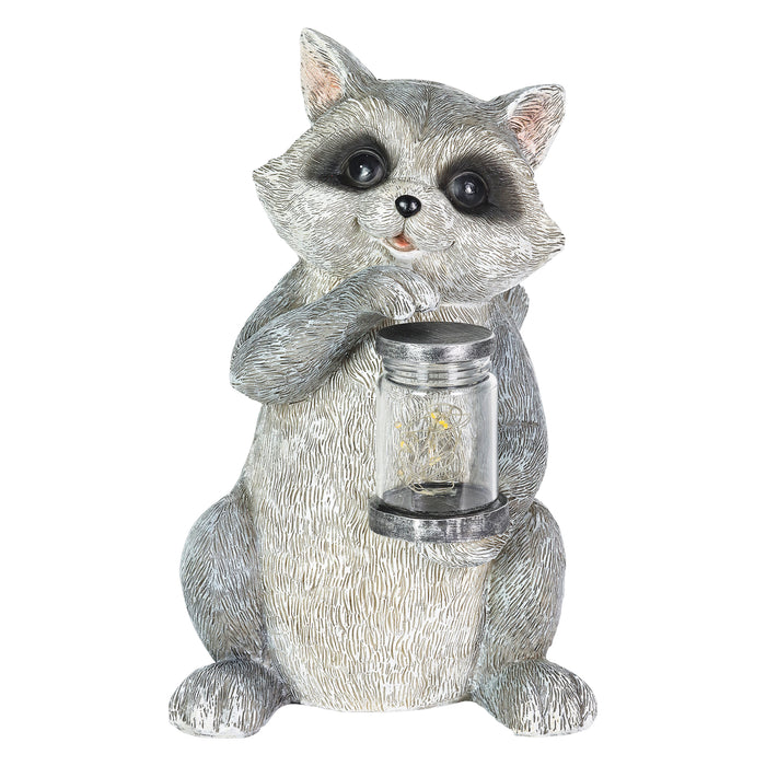 Solar Raccoon Garden Statuary with LED Firefly Jar, 10 Inches tall