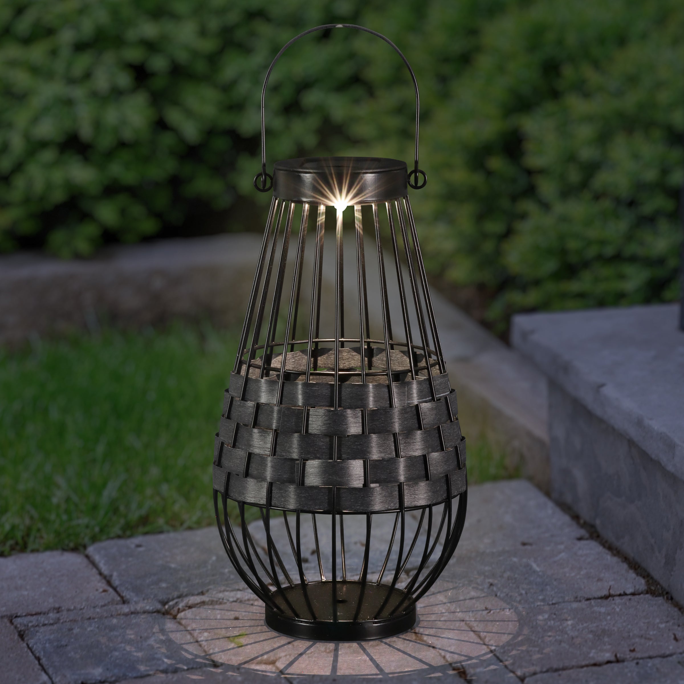 Solar Black Metal and Grey Plastic Rattan Lantern - Thumbnail 3