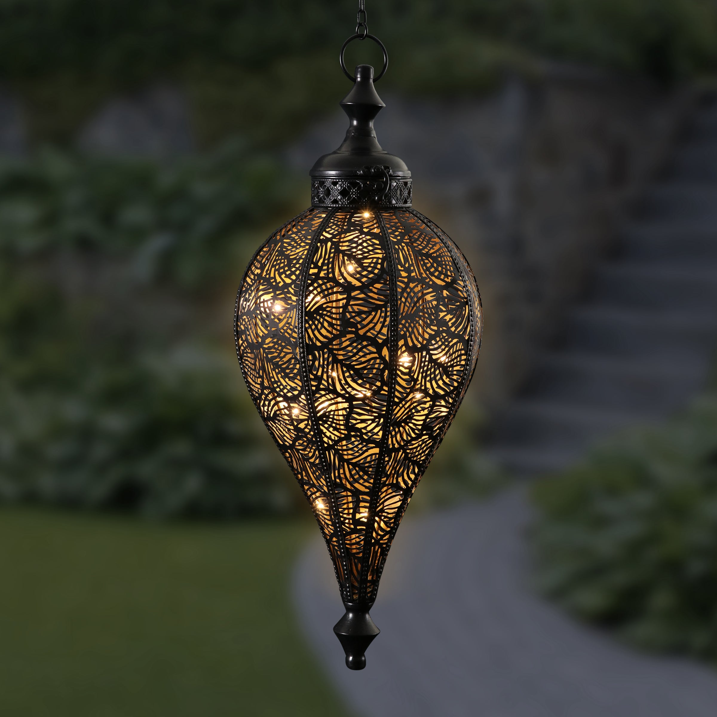 Hanging Metal Leaf Pattern LED Lantern with 5 Hour Battery Timer - Thumbnail 4