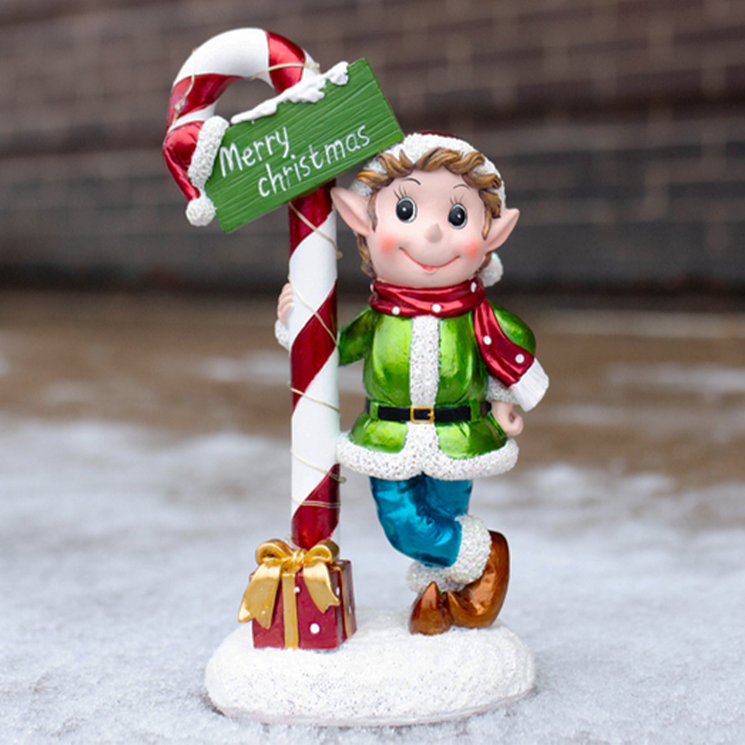 Hand Painted LED Candy Cane Elf Statuary with Merry Christmas Sign - Thumbnail 2
