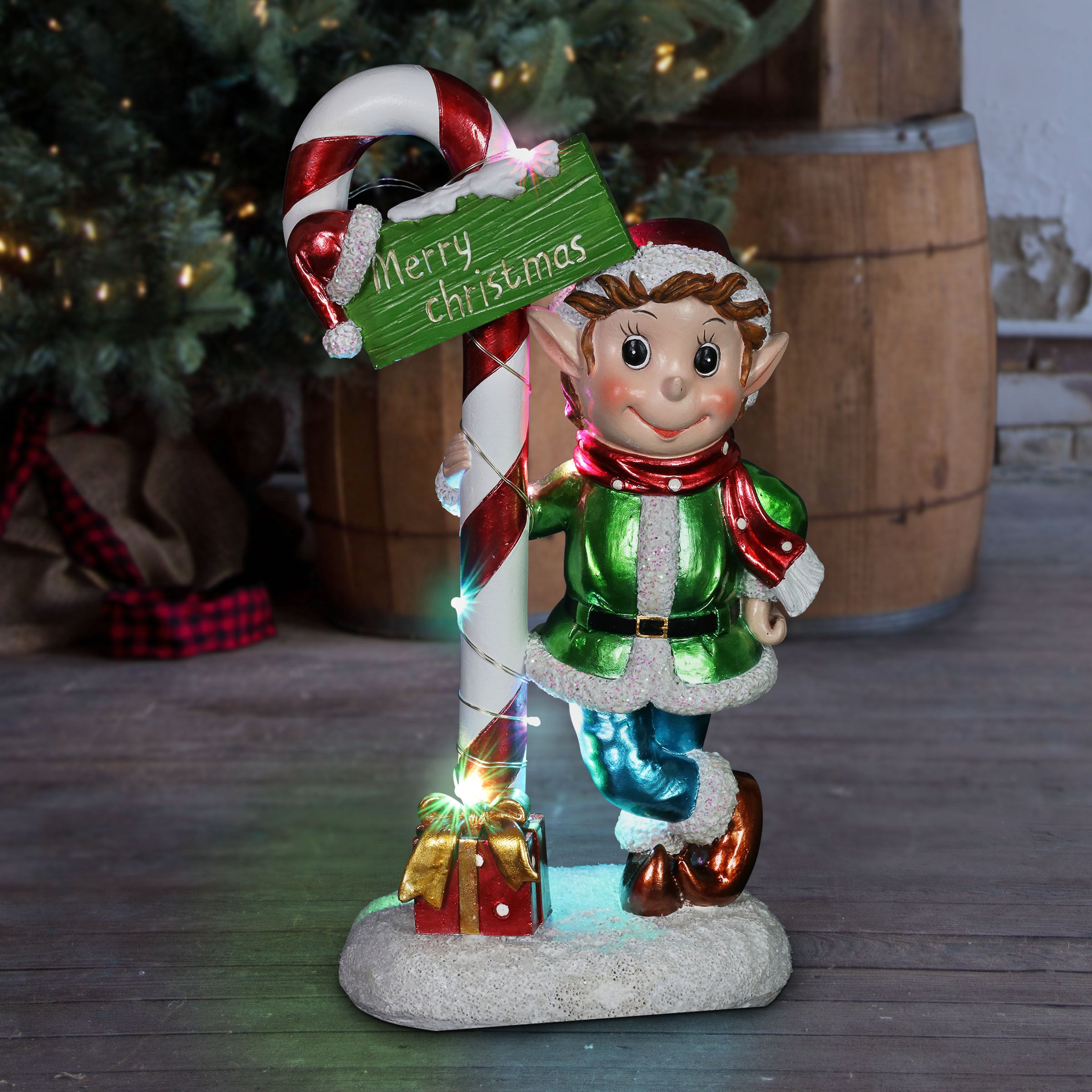 Hand Painted LED Candy Cane Elf Statuary with Merry Christmas Sign - Thumbnail 5