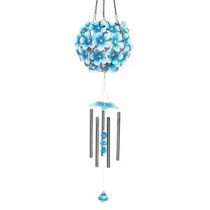 Solar Hanging Turquoise Hydrangea Flower Ball Wind Chime with Thirty-Eight LED Lights, 6 by 27 Inches | Exhart