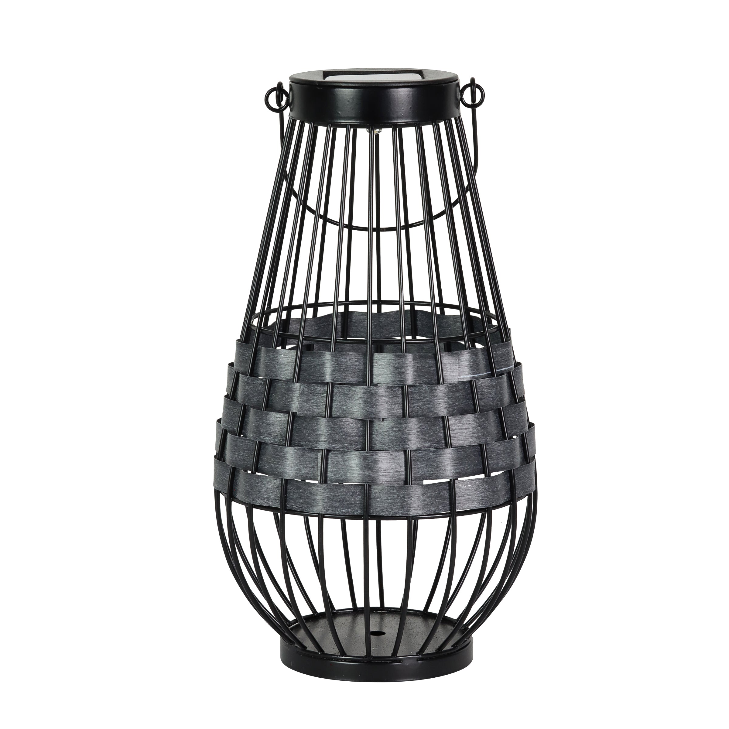 Solar Black Metal and Grey Plastic Rattan Lantern