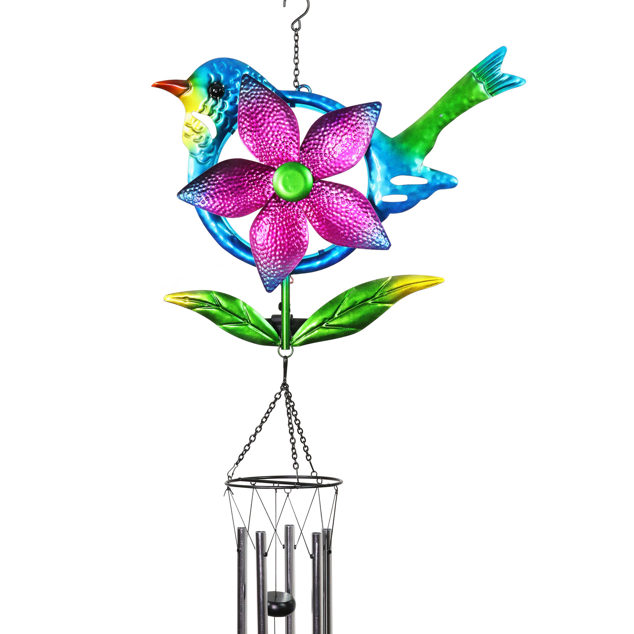 Solar Metal Blue Bird Pinwheel Wind Chime - Thumbnail 4