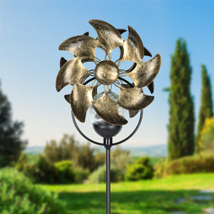 Solar Double Windmill Wind Spinner Garden Stake in a Bronze Finish with Crackle Glass Details, 7 by 43 Inches | Exhart