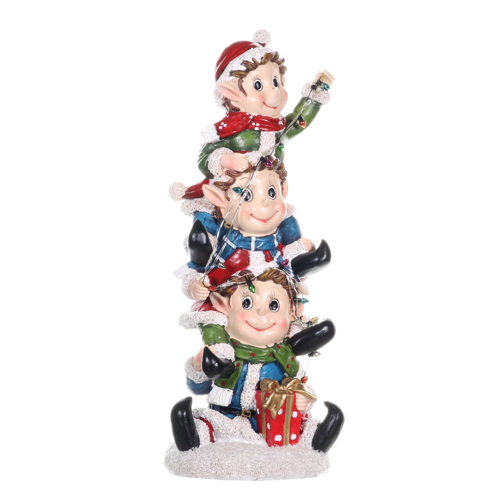 Hand Painted Stacked Christmas Elves with LED Lights Statuary on a Battery Powered Timer, 14 Inch