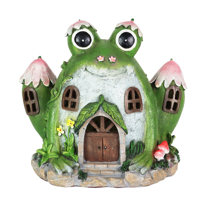 Solar Hand Painted Frog Fairy Garden House Statue, 10 by 8 Inches